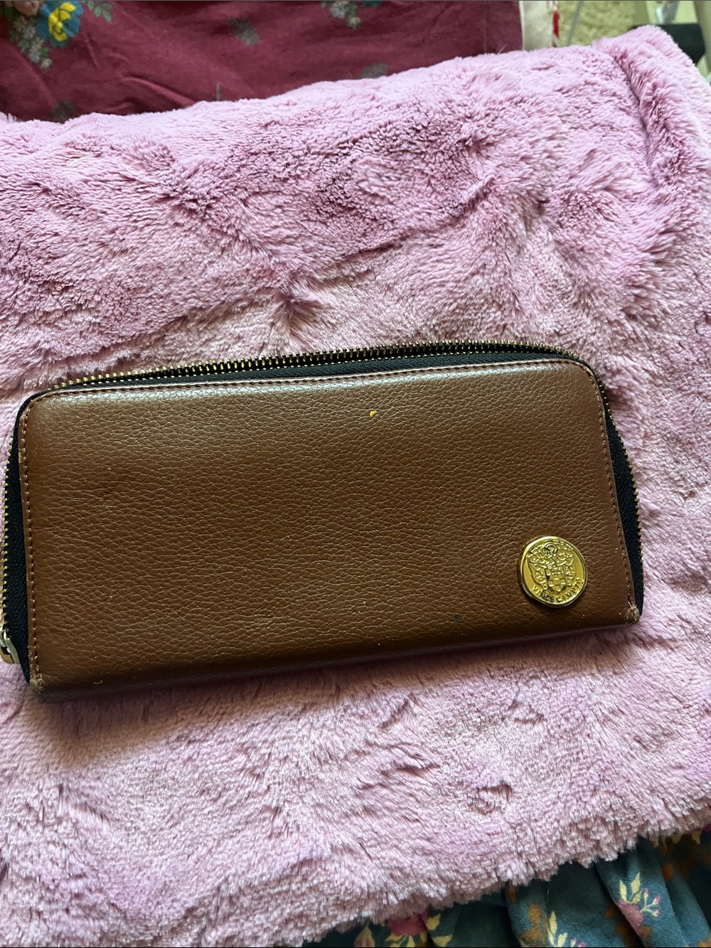 Vince Camuto Brown Leather Zip Wallet with Gold Medallion